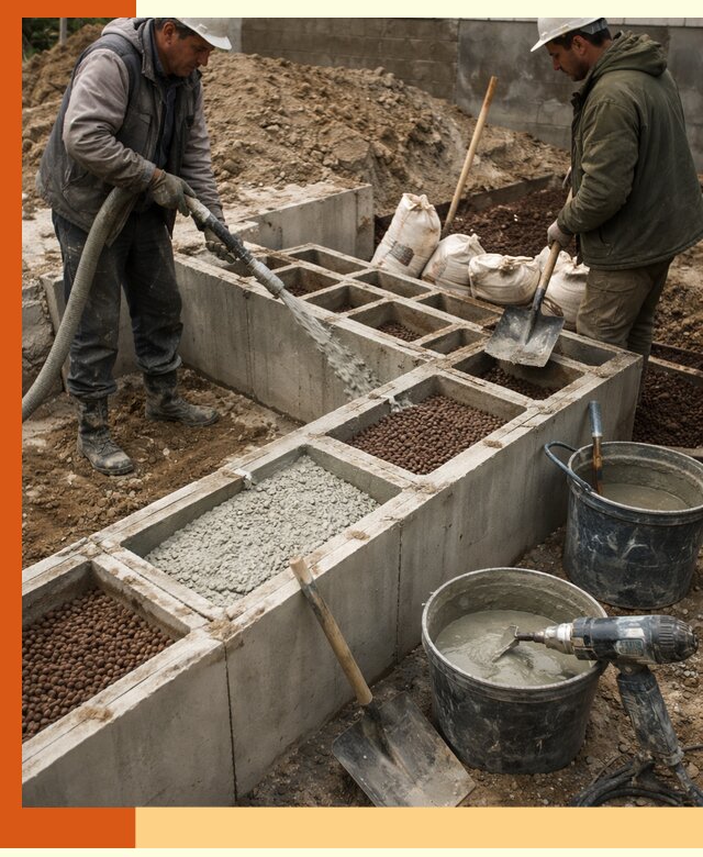 Заполнение полостей фундамента в Добрянке герметичным утеплением и повышением прочности